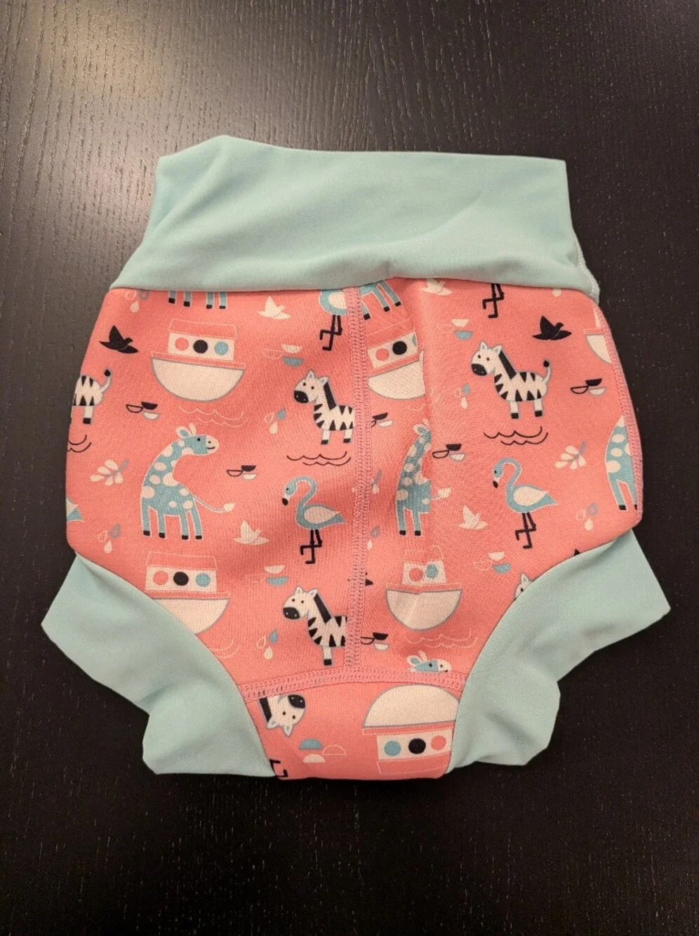 Coral Pink Kids One-Piece Diaper Cover with Mint Trim and Safari Print